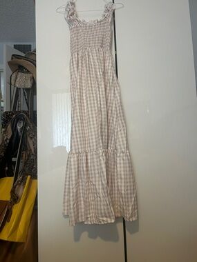 Gingham Smocked Maxi Dress in Light Beige